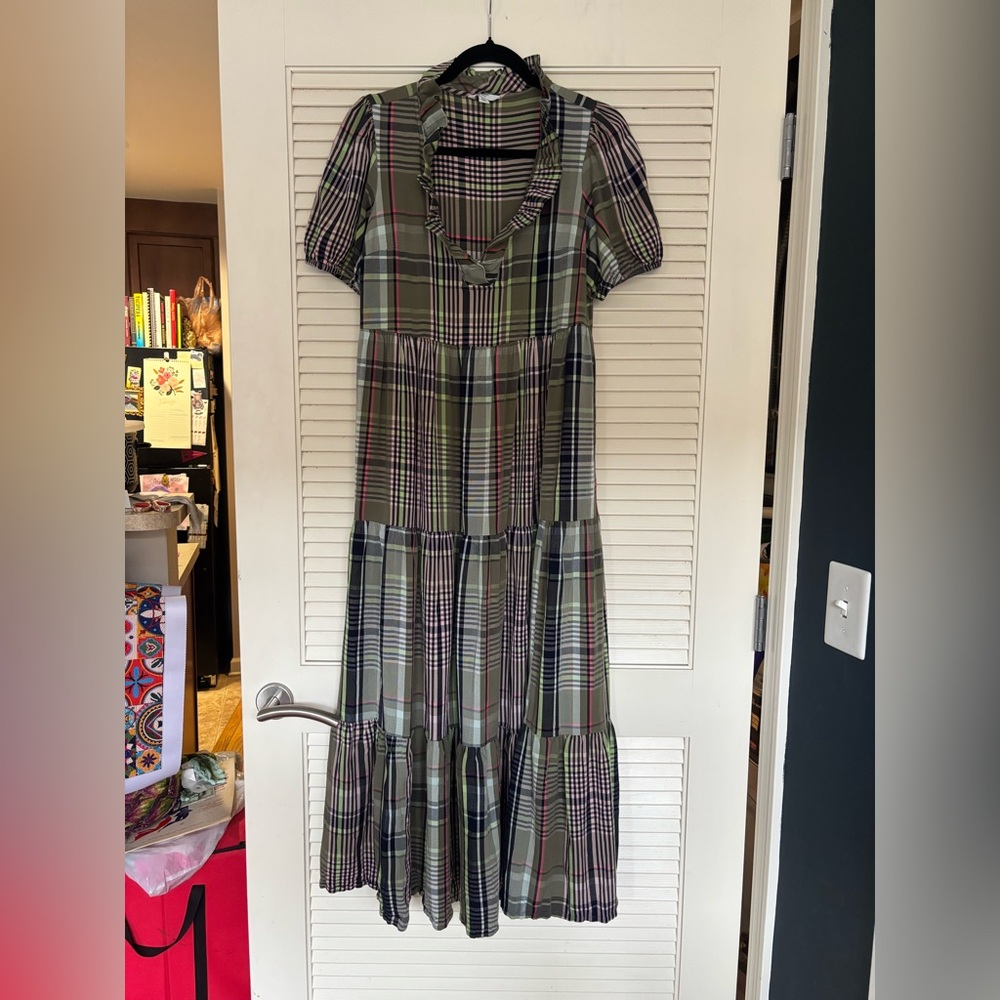 Crown & Ivy Multicolor Plaid Midi Dress with Ruffle neck